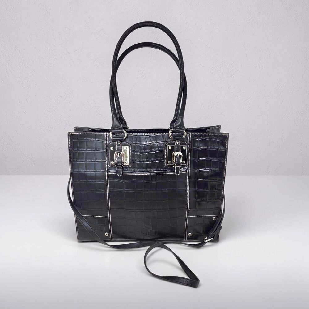 Wilsons Leather Black Croc Embossed Tote Shoulder Bag Laptop Sleeve Snake Print
